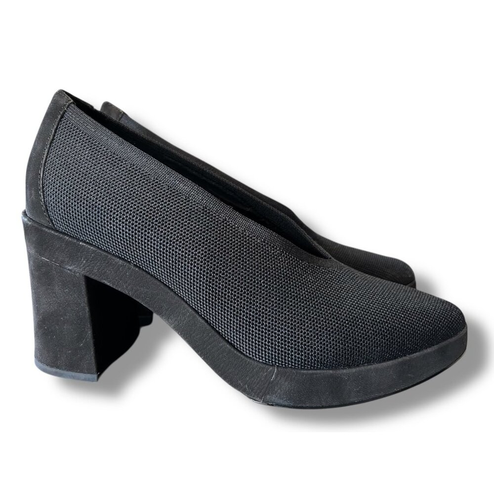 Eileen Fisher Gabby Recycled Stretch Knit Pump Black Block Heel Suede NWOT